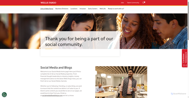 Security scan screenshot of https://wellsfargo.phusetechnology.dev/en/life-at-wells-fargo/social-media-blogs/