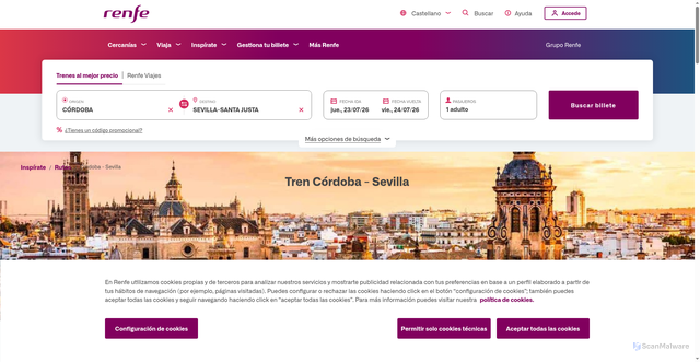 Security scan screenshot of https://www.renfe.com/es/es/inspirate/rutas/cordoba-sevilla