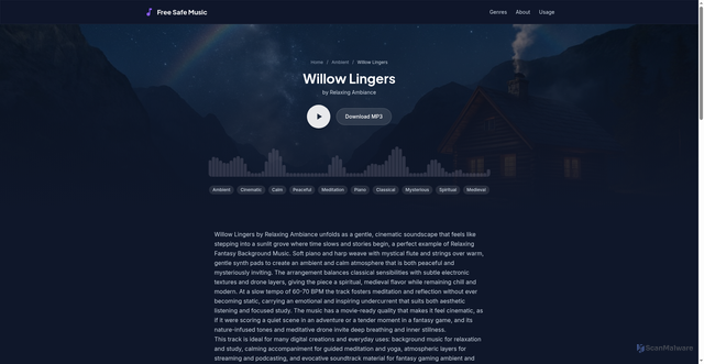 Security scan screenshot of https://freesafemusic.pages.dev/tracks/willow-lingers/