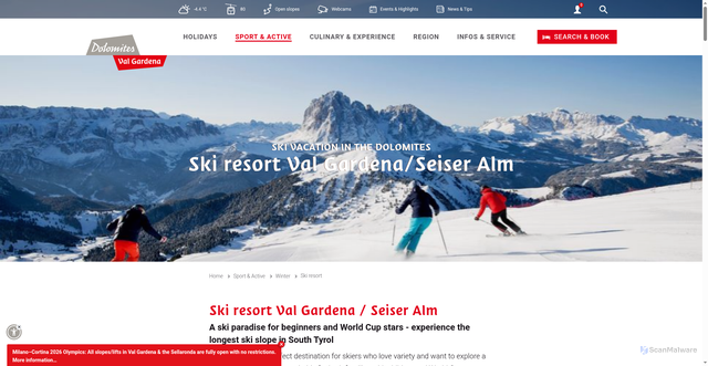 Security scan screenshot of https://www.valgardena.it/en/winter-holidays-dolomites/ski-resort-val-gardena/