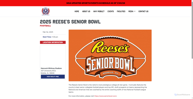 Security scan screenshot of https://www.mobilesportsauthority.com/2025-reeses-senior-bowl
