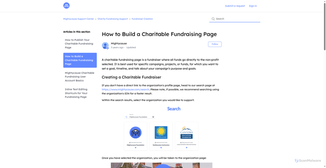 Security scan screenshot of https://support.mightycause.com/hc/en-us/articles/360023202071-How-to-Build-a-Charitable-Fundraising-Page