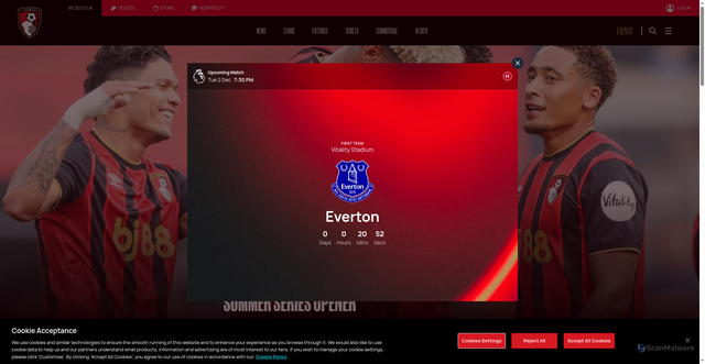 Security scan screenshot of https://www.afcb.co.uk/news/2025/july/26/cherries-hit-three-past-everton-in-summer-series-opener/