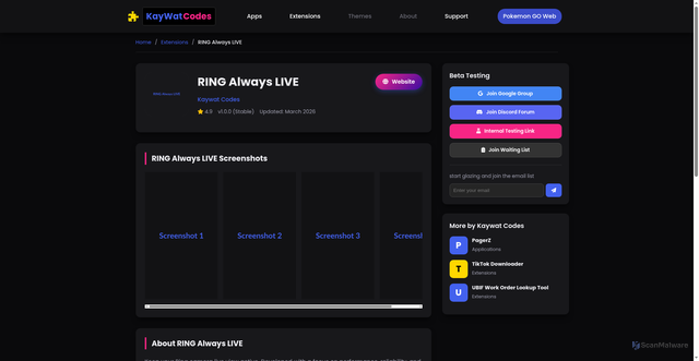 Security scan screenshot of https://kaywat-codes.pages.dev/views/ring-always-live.html