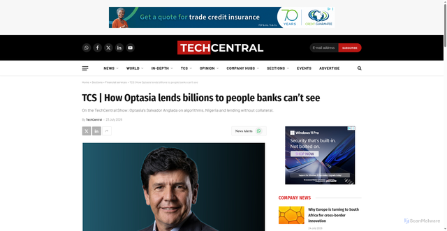 Security scan screenshot of https://techcentral.co.za/tcs-how-optasia-lends-billions-to-people-banks-cant-see/284085/