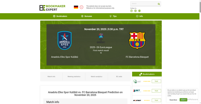 Security scan screenshot of https://bookmaker-expert.com/tips/anadolu-efes-spor-kulubu-vs-fc-barcelona-basquet-prediction-on-november-20-2025/