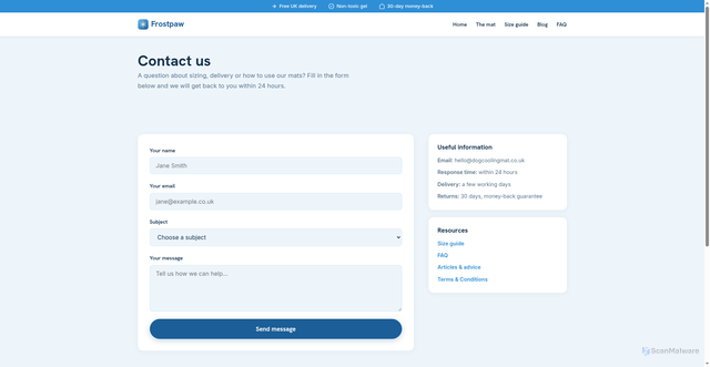 Security scan screenshot of https://dogcoolingmat-co-uk.pages.dev/contact/