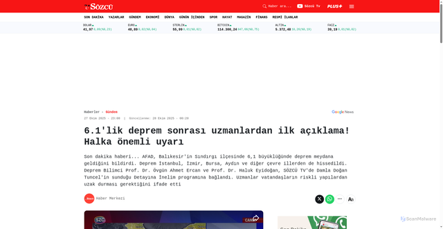 Security scan screenshot of https://www.sozcu.com.tr/6-1-lik-depremin-ardindan-prof-dr-ovgun-ahmet-ercan-dan-ilk-aciklama-p253152