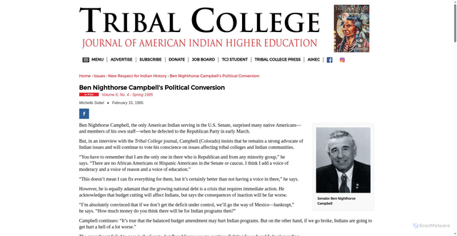Security scan screenshot of https://tribalcollegejournal.org/ben-nighthorse-campbells-political-conversion/