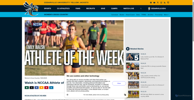 Security scan screenshot of https://yellowjackets.cedarville.edu/news/2025/10/6/womens-cross-country-walsh-is-nccaa-athlete-of-the-week-for-second-time.aspx