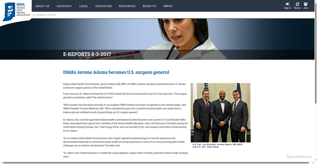 Security scan screenshot of https://www.ismanet.org/ISMA/Resources/e-Reports/Jerome_Adams_confirmed.aspx