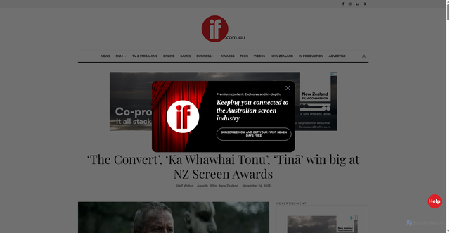 Security scan screenshot of https://if.com.au/the-convert-ka-whawhai-tonu-tina-win-big-at-nz-screen-awards/