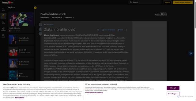 Security scan screenshot of https://footballdatabase.fandom.com/wiki/Zlatan_Ibrahimovi%C4%87