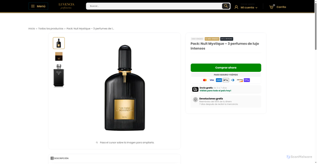 Security scan screenshot of https://luvenciaperfumeria.shop/products/paquete-de-3-perfumes-black-orchid-noir-extreme-e-prada-intense-100ml