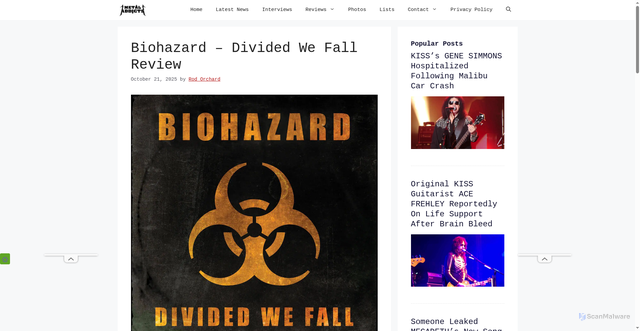 Security scan screenshot of https://metaladdicts.com/biohazard-divided-we-fall-review/