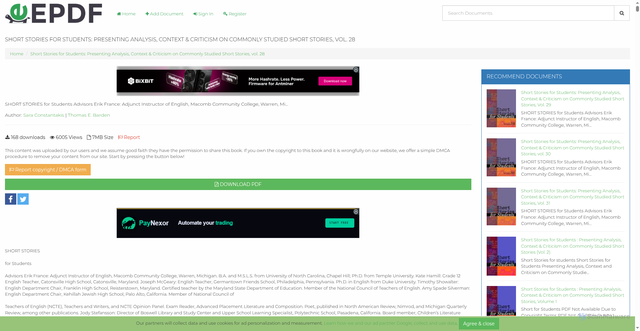 Security scan screenshot of https://epdf.pub/short-stories-for-students-presenting-analysis-context-amp-criticism-on-commonly6dc39bfae05fbbe9cd09ecf79d83c7c722035.html