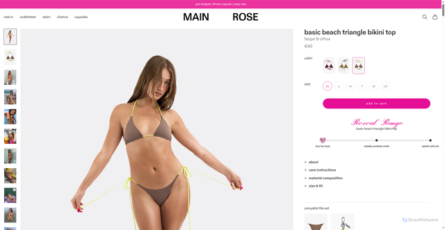 Security scan screenshot of https://mainrose.com/en-se/products/triangle-bikini-top-taupe-citrus