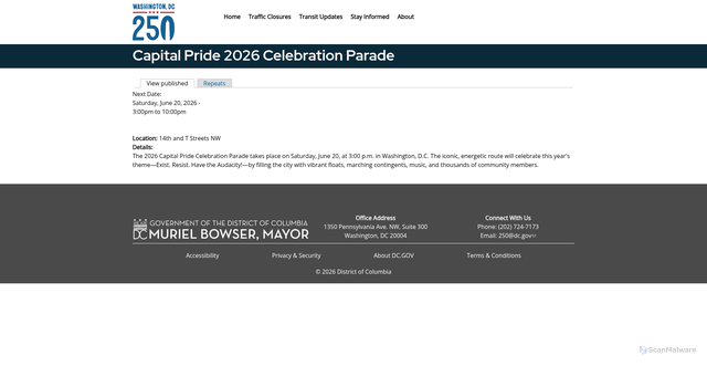 Security scan screenshot of https://250.dc.gov/event/capital-pride-2026-celebration-parade-0