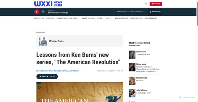 Security scan screenshot of https://www.wxxinews.org/show/connections/2025-11-14/lessons-from-ken-burns-new-series-the-american-revolution