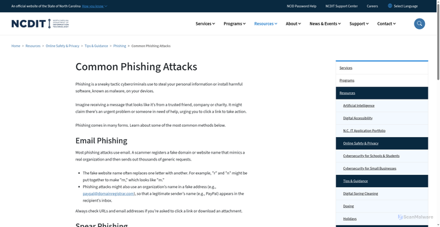 Security scan screenshot of https://it.nc.gov/resources/online-safety-privacy/tips-guidance/phishing/common-phishing-attacks