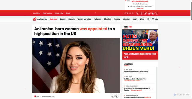 Security scan screenshot of https://modern.az/en/dunya/551606/an-iranian-born-woman-was-appointed-to-a-high-position-in-the-us/