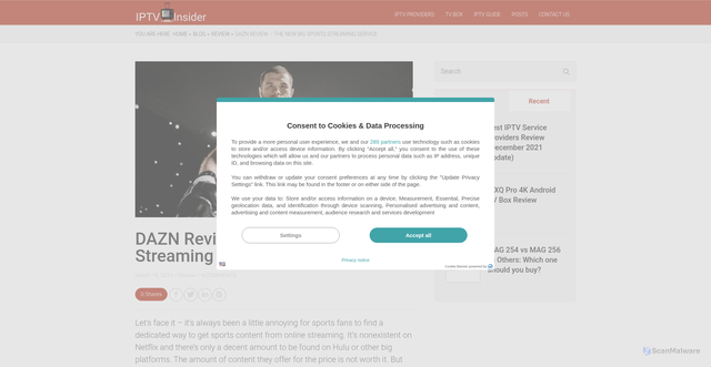 Security scan screenshot of https://blog.iptvinsider.com/dazn-sports-streaming-service/