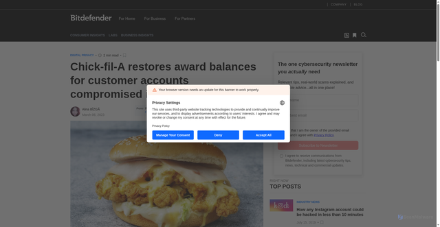 Security scan screenshot of https://www.bitdefender.com/en-us/blog/hotforsecurity/chick-fil-a-restores-award-balances-for-customer-accounts-compromised-in-data-breach