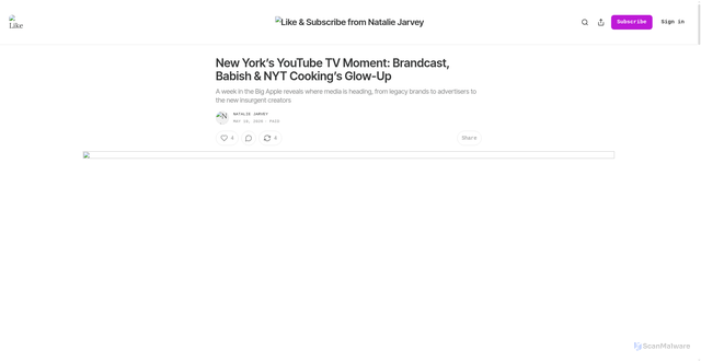 Security scan screenshot of https://likeandsubscribenews.substack.com/p/new-yorks-youtube-tv-moment-brandcast
