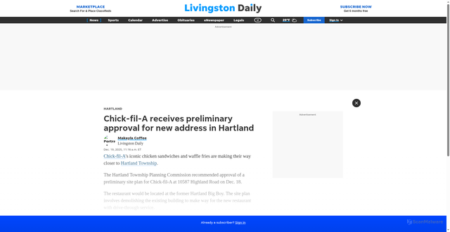 Security scan screenshot of https://www.livingstondaily.com/story/news/local/community/hartland/2025/12/19/chick-fil-a-receives-preliminary-approval-at-former-big-boy-in-hartland/87835713007/