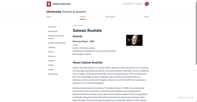 Security scan screenshot of https://honorsandawards.iu.edu/awards/honoree/8433.html