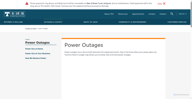 Security scan screenshot of https://www.mytpu.org/outages-safety/power-outages/