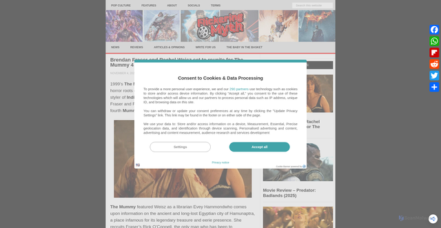 Security scan screenshot of https://www.flickeringmyth.com/brendan-fraser-and-rachel-weisz-returning-for-the-mummy-4/