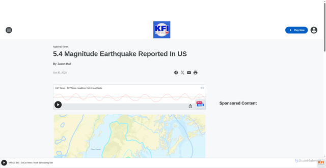 Security scan screenshot of https://kfiam640.iheart.com/content/2025-10-30-54-magnitude-earthquake-reported-in-us/