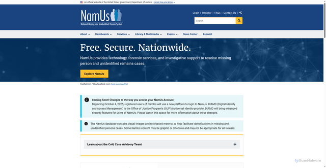Security scan screenshot of https://namus.nij.ojp.gov/