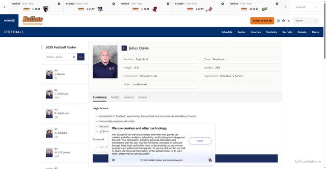 Security scan screenshot of https://gettysburgsports.com/sports/football/roster/julius-davis/14249