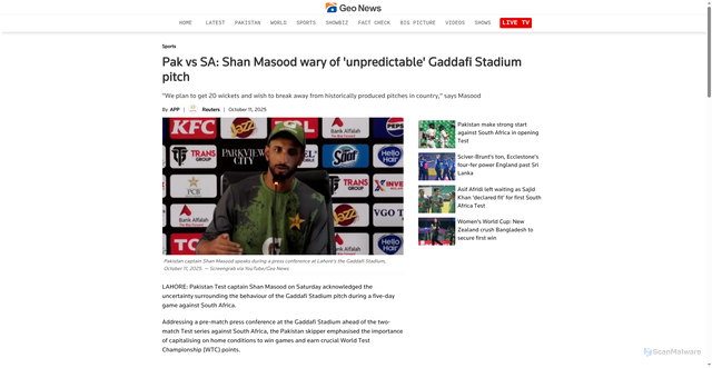 Security scan screenshot of https://www.geo.tv/latest/628106-pak-vs-sa-shan-masood-wary-of-unpredictable-gaddafi-stadium-pitch
