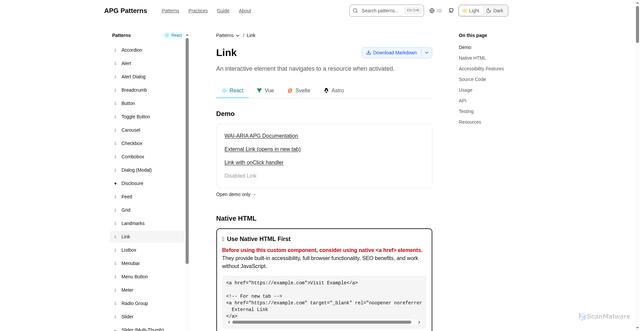 Security scan screenshot of https://apg-patterns-examples.pages.dev/patterns/link/react/