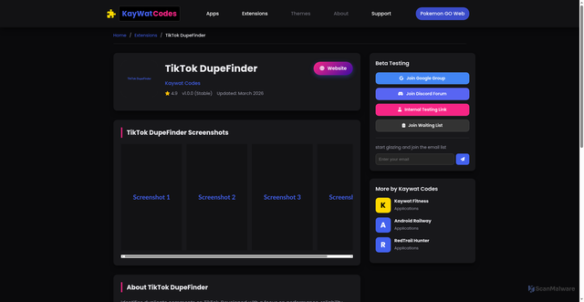 Security scan screenshot of https://kaywat-codes.pages.dev/views/tiktok-dupefinder