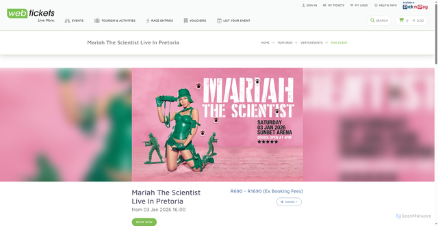 Security scan screenshot of https://www.webtickets.co.za/v2/event.aspx?itemid=1581915567