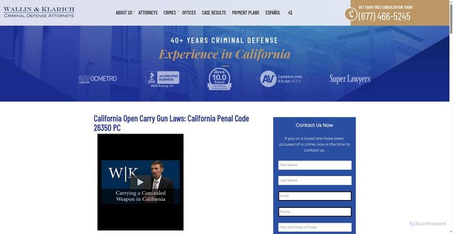 Security scan screenshot of https://www.wklaw.com/practice-areas/california-open-carry-gun-laws-california-penal-code-26350-pc/