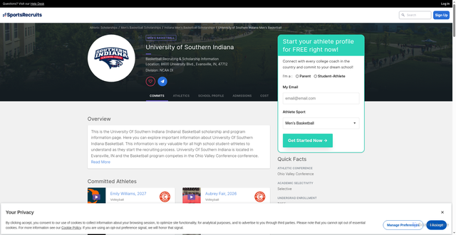 Security scan screenshot of https://sportsrecruits.com/athletic-scholarships/mens-basketball/indiana/university_of_southern_indiana