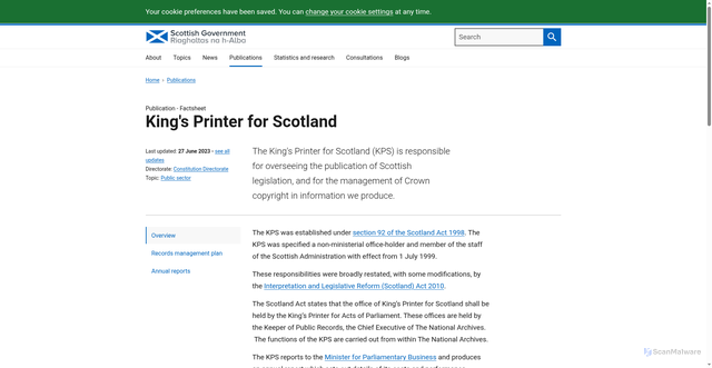 Security scan screenshot of https://www.gov.scot/publications/kings-printer-for-scotland/