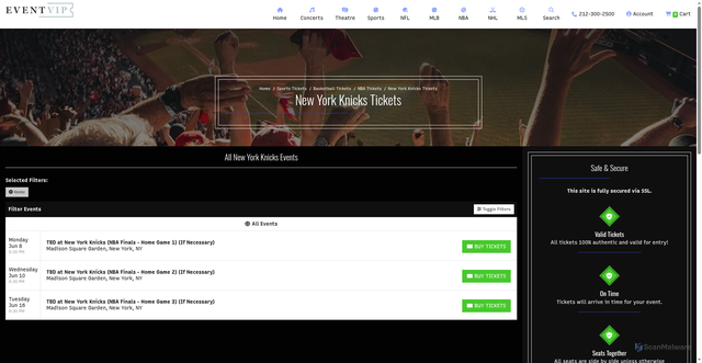 Security scan screenshot of https://eventvip.com/performer/new-york-knicks-tickets