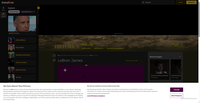 Security scan screenshot of https://historica.fandom.com/wiki/LeBron_James