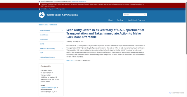 Security scan screenshot of https://www.transit.dot.gov/about/news/sean-duffy-sworn-secretary-us-department-transportation-and-takes-immediate-action-make