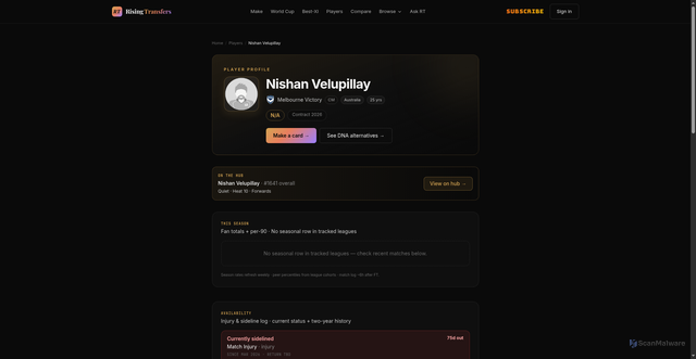 Security scan screenshot of https://risingtransfers.com/en/players/n-velupillay