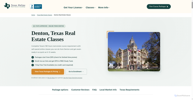 Security scan screenshot of https://texasonlinerealestateacademy.com/denton-texas-real-estate-license-classes/