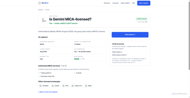 Security scan screenshot of https://eumica.com/exchange/gemini