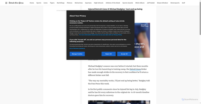 Security scan screenshot of https://www.freep.com/story/sports/nfl/lions/2024/11/01/detroit-lions-k-michael-badgley-feeling-good-in-torn-hamstring-rehab/75998084007/