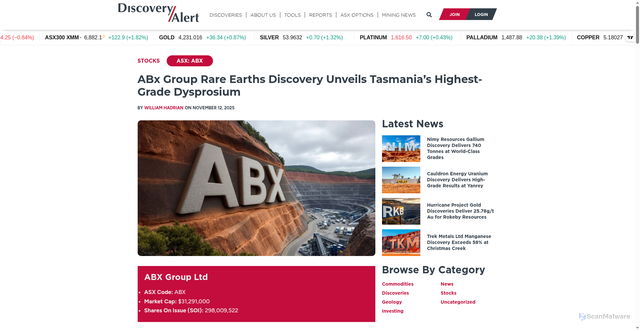 Security scan screenshot of https://discoveryalert.com.au/abx-group-tasmania-rare-earth-discovery/